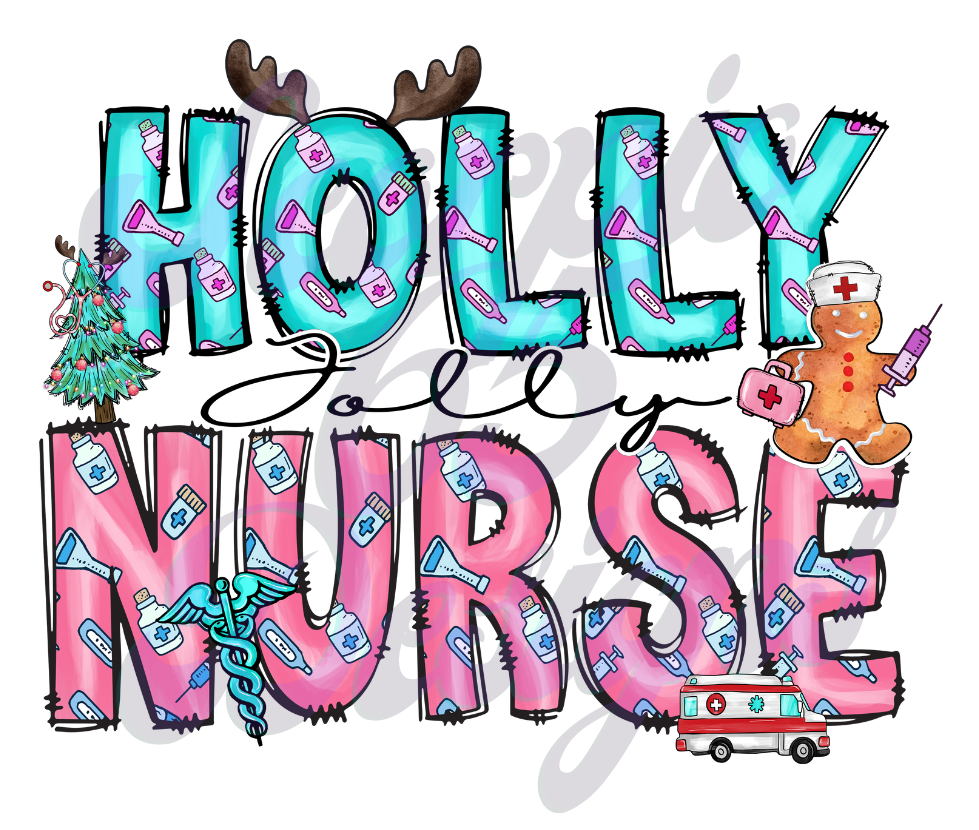 Pink & Blue Holly Jolly Nurse DTF Transfers Scorpio 65 Designs